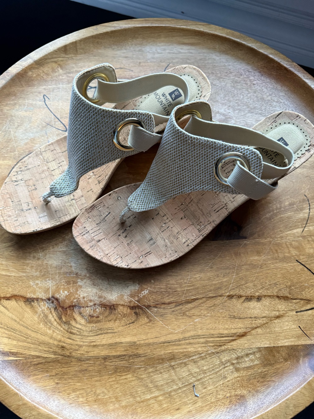 White Mountain Women's Beige Cork Thong Sandals with Metallic Rings